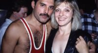 Freddie Mercury with his devoted ex-girlfriend Mary Austin at his 38th birthday party. Pictured after his Wembley Arena concert in 1985