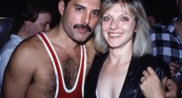 Freddie Mercury with his devoted ex-girlfriend Mary Austin at his 38th birthday party. Pictured after his Wembley Arena concert in 1985