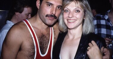 Freddie Mercury with his devoted ex-girlfriend Mary Austin at his 38th birthday party. Pictured after his Wembley Arena concert in 1985