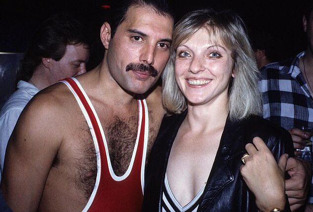 Freddie Mercury with his devoted ex-girlfriend Mary Austin at his 38th birthday party. Pictured after his Wembley Arena concert in 1985
