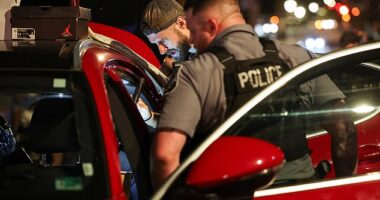 Troops with the National Guard arrived into the capital late on Tuesday night in a bid by the White House to curb violent crime, a US Marshal can be seen searching a vehicle on Tuesday