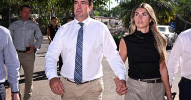 Matt Wright (pictured during the trial with wife Kaia)