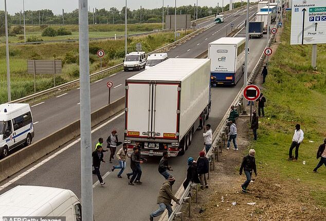 More than 3,000 truckloads or 80,000 tonnes of food alone may have entered the country contaminated since 2016, experts said. Pictured: Migrants walk on the A16 highway as they try to access the Channel Tunnel on June 23, 2015 in Calais, northern France