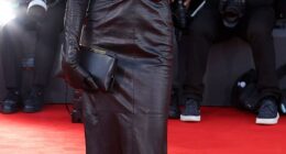 Paris Jackson put on a daring display in a plunging leather gown as she joined Rosie Huntington-Whiteley and Aaron Taylor-Johnson for the Frankenstein premiere on Saturday