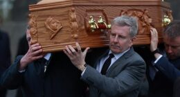 Patrick looked bereft as he carried Mary's coffin through his home village, where he was joined by close family and friends at the Church of the Sacred Heart