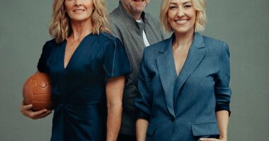 Gabby Logan (L), Mark Chapman (C), and Kelly Cates (R) pose for their official MOTD photo