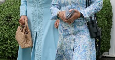 Queen Camilla (pictured, left) is seen at York Racecourse while attending the final day of the Sky Bet Ebor Festival on Saturday