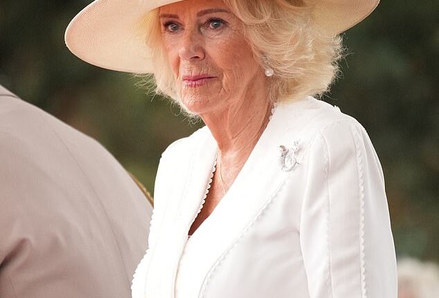 Queen Camilla attends the Service of Remembrance to commemorate the 80th Anniversary of VJ Day at the National Memorial Arboretum in Alrewas on August 15