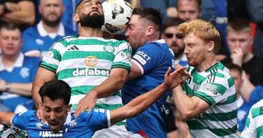 John Souttar of Rangers scored with this header but his effort was ruled out for offside