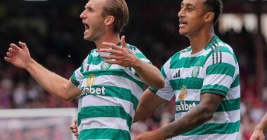 Adam Idah congratulates Benjamin Nygren on his goal, but the Irishman needs one himself