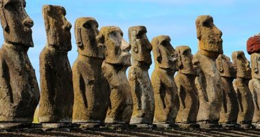 Located in the southeastern Pacific Ocean, Easter Island was first settled by humans around AD 1200, who built its famous enlarged head statues, called moai