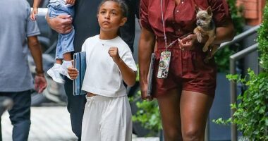 Serena Williams beat the summer heat while showcasing her toned legs on a family outing in New York City on Thursday with her husband Alexis Ohanian, daughters Alexis Olympia, seven and Adira, 21 months