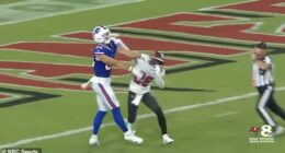 Shilo Sanders throws a punch at Bills tight end Zach Davidson while playing for the Bucs