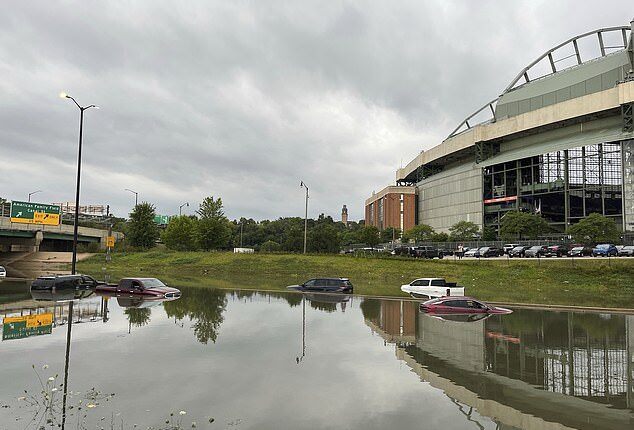 This image provided by CBS28 (WDJT) shows flooding alongside American Family Field