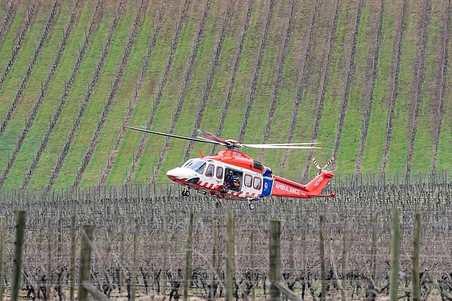 epa12325526 A large contingent of Victorian Police in cluding the air wing and an air ambulance at a staging area at Feathertop Winery in Porepunkah in Victoria, Australia, 27 August 2025. A significant search is underway for a "heavily armed" fugitive involved in the 'cold-blooded murder" of two police officers.  EPA/SIMON DALLINGER NO ARCHIVING AUSTRALIA AND NEW ZEALAND OUT   NO ARCHIVES NO ARCHIVES NO ARCHIVES NO ARCHIVES NO ARCHIVES