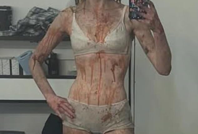 Sophie Turner has shared an album of gory pictures ahead of the release of her new movie Trust