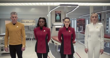 Anson Mount as Pike, Celia Rose Gooding as Uhura, Christina Chong as La’an and Jess Bush as Chapel in Star Trek: Strange New Worlds, streaming on Paramount+, 2024. Photo Credit: Marni Grossman/Paramount+