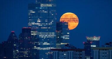 A spectacular full moon rises over The City of London with office lights still burning in some skyscrapers