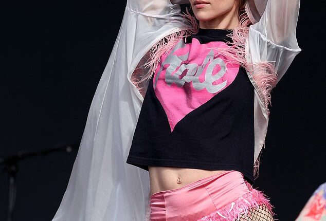 Suki Waterhouse put on a very leggy display in black fishnet tights as she performed at Reading Festival on Sunday