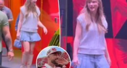Taylor Swift pairs her new engagement ring with a pleated skirt at Nebraska vs. Cincinnati game
