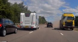 This is the terrifying moment a lorry crashes through the central reservation and towards incoming traffic on a busy motorway