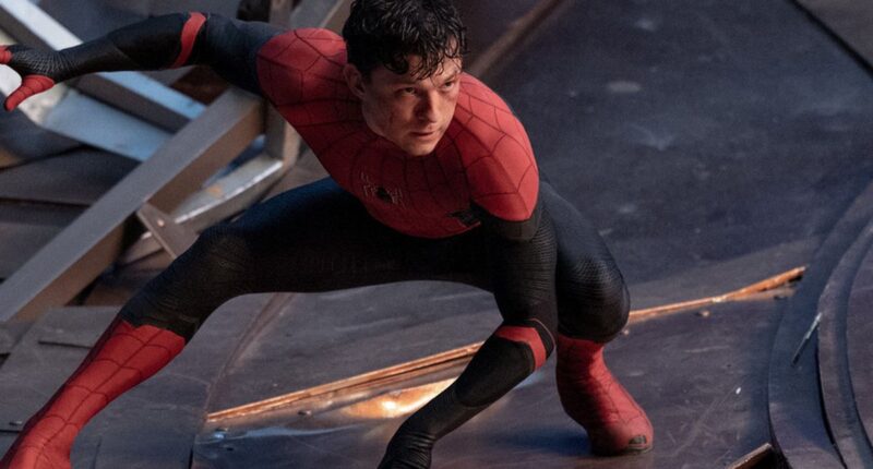 Tom Holland crouches as Spider-Man in No Way Home