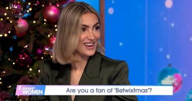 Myleene Klass and Frankie Bridge were caught in an awkward exchange during a joint Loose Women episode last year as their secret feud spilled onto live TV - as it is claimed ITV have been forced to step in (pictured on the episode)