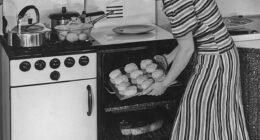After World War II was declared in September 1939, the British government had to cut down on the amount of food it shipped in from other countries. Pictured: A woman baking bread in the 1940s