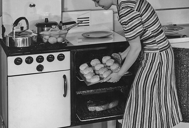 After World War II was declared in September 1939, the British government had to cut down on the amount of food it shipped in from other countries. Pictured: A woman baking bread in the 1940s