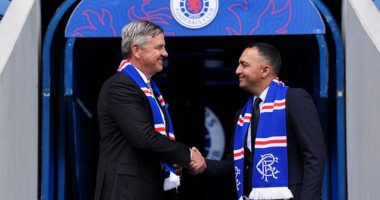 Andrew Cavenagh and Paarag Marathe of the 49ers Enterprises on their unveiling at Ibrox