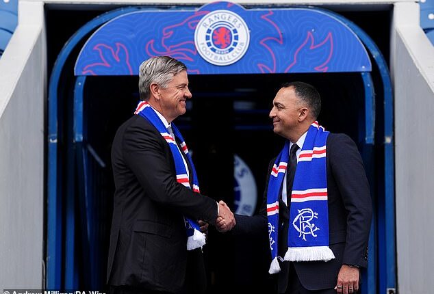 Andrew Cavenagh and Paarag Marathe of the 49ers Enterprises on their unveiling at Ibrox