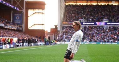 Romeo Vermant of Club Brugge celebrates after scoring a goal to make it 1-0 at Ibrox