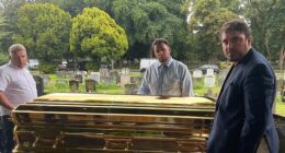 A traveller 'King' has been buried in a 'six-figure' solid gold coffin (pictured) following a week-long farewell tour in a Rolls Royce