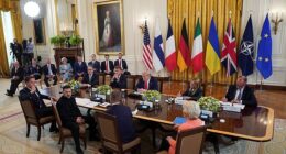 President Donald Trump hosted (from left) NATO Secretary General Mark Rutte, Ukrainian President Volodymyr Zelensky, British Prime Minister Keir Starmer, French President Emmanuel Macron, Finnish President Alexander Stubb, European Commission President Ursula von der Leyen, Italian Prime Minister Giorgia Meloni and German Chancellor Friedrich Merz in the East Room on Monday