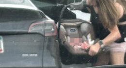 Abby and Brittany were snapped carrying a newborn baby in a car seat and placing the infant into the back of a black Tesla at a parking lot in Arden Hills, Minnesota last Thursday