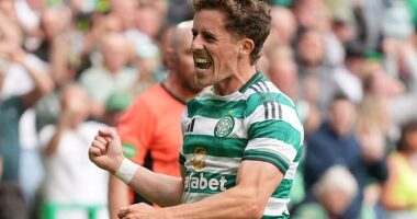 Luke McCowan celebrates scoring the late goal that gave Celtic a 1-0 win against St Mirren