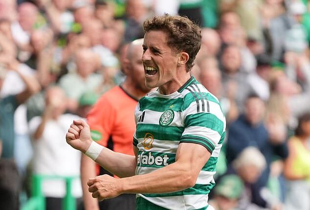 Luke McCowan celebrates scoring the late goal that gave Celtic a 1-0 win against St Mirren