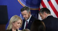 U.S. Defense Secretary Pete Hegseth, CIA Director John Ratcliffe and White House Press Secretary Karoline Leavitt gather ahead of a joint press conference by U.S. President Donald Trump and Russian President Vladimir Putin