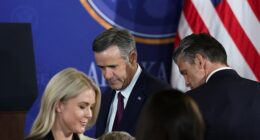 U.S. Defense Secretary Pete Hegseth, CIA Director John Ratcliffe and White House Press Secretary Karoline Leavitt gather ahead of a joint press conference by U.S. President Donald Trump and Russian President Vladimir Putin