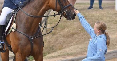 Mia Tindall is pictured petting her mother Zara's horse Showtime, while attending the Horse Trials at Hartpury in Gloucestershire on Saturday