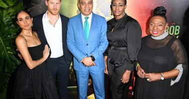 (l-r) Meghan, Duchess of Sussex, Prince Harry, Duke of Sussex, Andrew Holness, Juliet Holness and Olivia Grange attend the Premiere of 'Bob Marley: One Love' at the Carib 5 Theatre on January 23, 2024 in Kingston, Jamaica