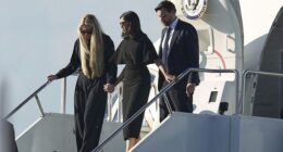 Usha and Erika were dressed in all black and wearing sunglasses as they somberly walked off the aircraft with JD Vance trailing behind