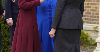 Third wheeling? The Princess of Wales (left) is seen animatedly chatting to First Lady Melania Trump (right) as Queen Camilla (centre) looks on at Windsor Castle today