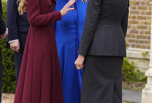Third wheeling? The Princess of Wales (left) is seen animatedly chatting to First Lady Melania Trump (right) as Queen Camilla (centre) looks on at Windsor Castle today