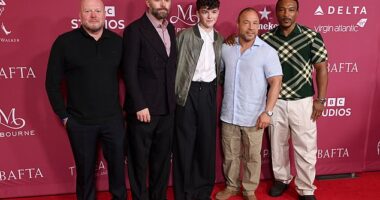 The stars of Netflix's Adolescence have reunited ahead of the Emmy Awards (L-R producer Mark Herbert, director Phil Barantini, stars Owen Cooper, Stephen Graham and Ashley Walters)