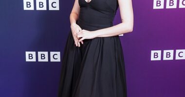 Aimee Lou Wood looked glamorous as she posed for pictures at a BBC screening of the Film Club at the Charlotte Street Hotel in London on Monday