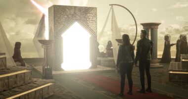 Melanie Scrofano as Batel and Anson Mount as Capt. Pike in season 3, Episode 10 of Strange New Worlds streaming on Paramount+.