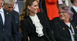 The Princess of Wales looked jubilant today as she cheered on England's Red Roses from the stands at the Brighton & Hove Albion Stadium