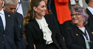 The Princess of Wales looked jubilant today as she cheered on England's Red Roses from the stands at the Brighton & Hove Albion Stadium