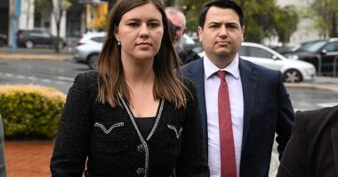 Brittany Higgins has been ordered to pay 80 per cent of her former boss Linda Reynolds' legal costs for their blockbuster defamation trial, in a seismic decision that will likely bankrupt the former Liberal staffer (Pictured: Miss Higgins with her husband, David Sharaz)